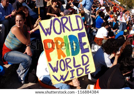 JERUSALEM - NOVEMBER 10:Gays holds a sign reading 