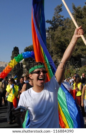 JERUSALEM - JUNE 21:Israeli Gays march along King David road on June 21, 2007 in Jerusalem, Israel.Israel is one of the world\'s progressive countries in equality for sexual minorities.