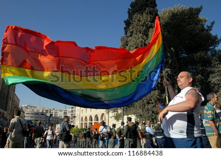 JERUSALEM - JUNE 21:Israeli Gays march along King David road on June 21, 2007 in Jerusalem, Israel.Israel is one of the world\'s progressive countries in equality for sexual minorities.