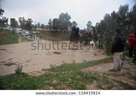 SOUTH ISRAEL JANUARY 18:Flash Flood near Kibbutz Nahal HaBesor on January 18 2010 at the Western Negev, Israel. Flash floods in Israel are deadly people are killed by them each year