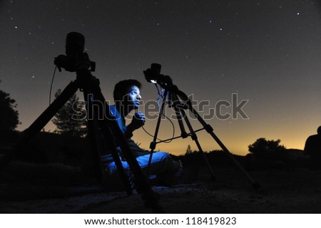 KIRYAT GAT - AUGUST 12 2009:A person photographing the stars with his cameras on a tripods (Astrophotography). Astronomy is one of the few sciences where amateurs can still play an active role