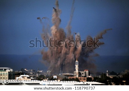 GAZA STRIP - JANUARY 14: Aerial bombing explosion in Gaza Strip during Cast Lead operation on January 14 2009. It was a three-week armed conflict in the Gaza Strip during the winter of 2008-2009.