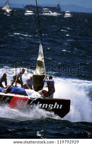 AUC - MARCH 1:Team Alinghi sails it yacht during the Americas cup of 2003 on March 01 2003 in Auckland New Zealand.It was contested between Team NZ and the winner of the 2003 Louis Vuitton Cup Alinghi