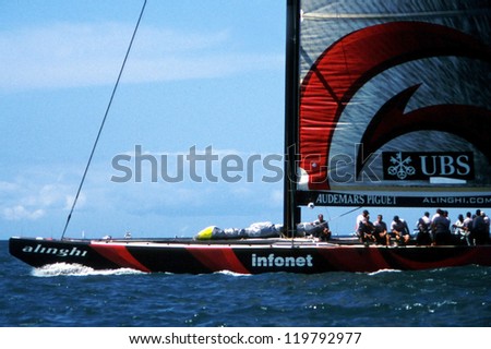 AUC - MAR 01:Team Alinghi sails it yacht during the Americas cup of 2003 on March 01 2003 in Auckland New Zealand.It was contested between Team NZ and the winner of the 2003 Louis Vuitton Cup Alinghi