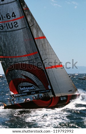 AUC- MARCH 1:Team Alinghi sails it yacht during the Americas cup of 2003 on March 01 2003 in Auckland New Zealand.It was contested between Team NZ and the winner of the 2003 Louis Vuitton Cup Alinghi