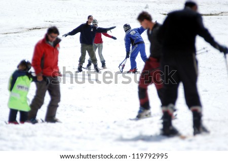 MT HERMON - JAN 20:Snow skiers having fun in the snow on January 20 2006 in Mount Hermon, Israel.It\'s  peak rising to 2,236 m (7,336 ft), the highest elevation in Israel.
