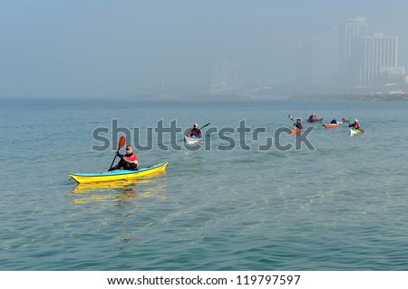 HERZLIYA - FEB 10: Sea Kayaking on February 10 2010 in Herzliya, Israel.Kayaks can be useful for many outdoor activities such as fishing, wilderness exploration and search and rescue during floods.