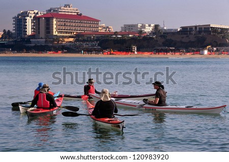 HERZLIYA - FEB 10: Group of Sea Kayaks kayaking together on February 10 2010 in Herzliya, Israel.Research has indicated that the kayak has existed for at least 4,000 years.