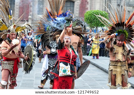 MEXICO CITY - FEB 23: Ancient Indian Aztec empire folklore at the Zocalo Square on February 23 2010 in Mexico City, Mexico.It has been a gathering place for Mexicans since Aztec times