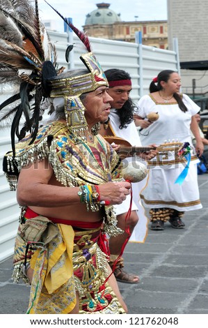 MEXICO CITY -FEB 23: Ancient indian Aztec empire folklore at the Zocalo Square on February 23 2010 in Mexico City, Mexico.It has been a gathering place for Mexicans since Aztec times