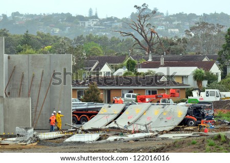 AUCKLAND - DEC 06:The three men died when they were crushed by a falling concrete slab on a construction site, while they sheltered in a truck in Hobsonville Auckland, New Zealand on December 6, 2012. This was caused by a rare tornado