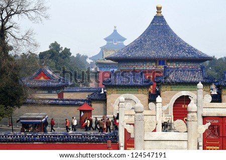 BEIJING-MARCH 15: Visitors at the Temple of Heaven on Mar 15 2009 in Beijing, China.The Temple of Heaven was selected as a UNESCO World Heritage Site in 1998