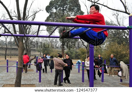 BEIJING-MARCH 15:Chinese people exercises at the temple of heaven park on Mar 15 2009 in Beijing, China.It\'s the most popular park in Beijing used by thousands of people for sport and leisure daily