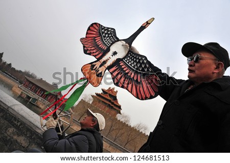 BEIJING - MAR 14:Chinese man fly duck kite in Beijing,China on March 14 2009.Kite was Invented by the Chinese people, Chinese kites have enjoyed a history of over 2,000 years.