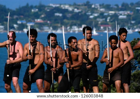 WAITANGI - FEB 6:Maori warriors perform Haka dance during Waitangi Day on February 6 2004 in Waitangi NZ.It\'s a New Zealand public holiday to celebrate the signing of the Treaty of Waitangi in 1840