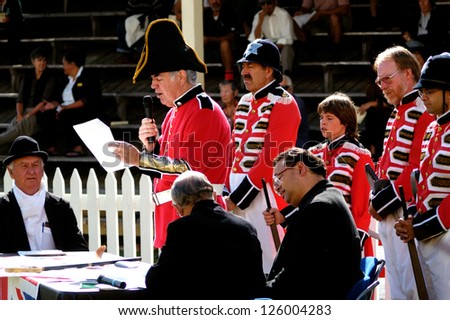 KAITAIA- FEB 6:British people reenact the signing of the treaty of Waitangi on February 6 2005 in Kaitaia NZ.It's New Zealand public holiday to celebrate the signing of the Treaty of Waitangi in 1840