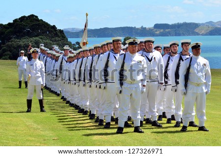 WAITANGI - FEB 6:The Royal NZ Navy soldiers march on Waitangi Day on February 6 2013 in Waitangi NZ.It\'s a New Zealand public holiday to celebrate the signing of the Treaty of Waitangi in 1840.