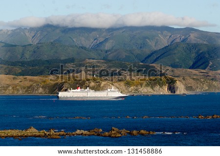 WELLINGTON - FEB  23:A cruise ship near Wellington, NZ on Feb 23 2013.Wellington has approximately 540,000 international visitors each year, who spend $436 million each year.
