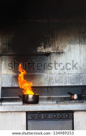 Kitchen fire in pot. Concept photo of Unattended cooking, risk of fire, fire kitchen and danger at home and prevention, cooking safety.
