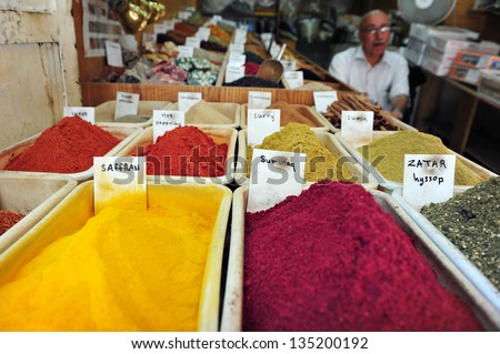 JERUSALEM - JULY 30:Spices on display on July 30 2009 in Jerusalem old city, Israel.The spice trade developed throughout South Asia and Middle East in around 2000 BC with cinnamon and pepper
