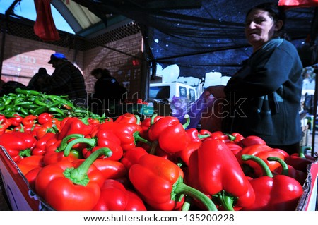SDEROT - DEC 29:Red capsicums on display on Dec 29 2009 in Sderot market. Israel is a world-leader in agricultural technologies, while only 20% of the land is arable it produces 95% of its own food.