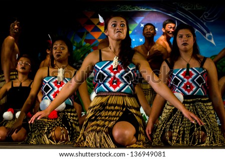 WAITANGI - FEB 6:Maori people sing and dance during Waitangi Day on February 6 2013 in Waitangi NZ.It's a New Zealand public holiday to celebrate the signing of the Treaty of Waitangi in 1840.