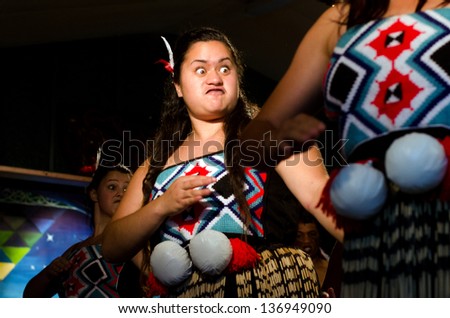 WAITANGI - FEB 6:Maori women sing and dance during Waitangi Day on February 6 2013 in Waitangi NZ.It's a New Zealand public holiday to celebrate the signing of the Treaty of Waitangi in 1840.