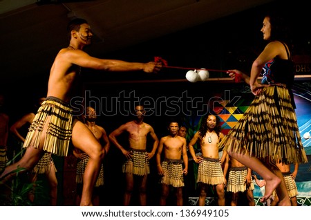 WAITANGI - FEB 6:Maori people sing and dance during Waitangi Day on February 6 2013 in Waitangi NZ.It\'s a New Zealand public holiday to celebrate the signing of the Treaty of Waitangi in 1840.