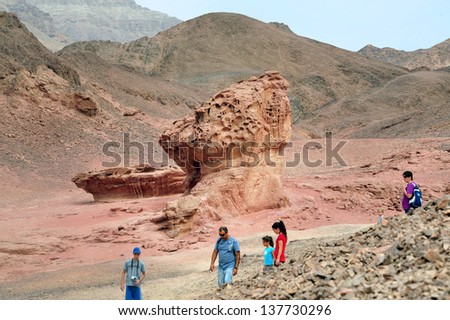 TIMNA, ISR - OCT 15:Visitors in Timna Park on October 15 2008.It\'s the worlds first copper production center founded my the Egyptian in the in Timna valley over 5000 years ago.