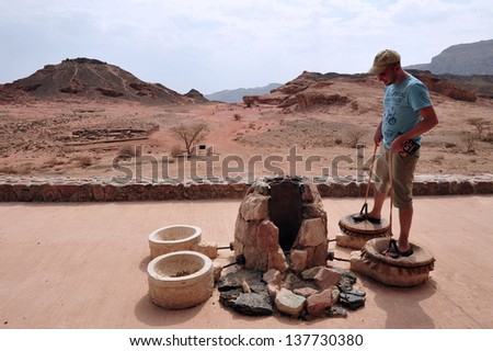 TIMNA, ISR - OCT 15:Exhibit of ancient copper mining accessories in Timna Park on October 15 2008.It\'s the worlds first copper production center founded my the Egyptian over 5000 years ago.