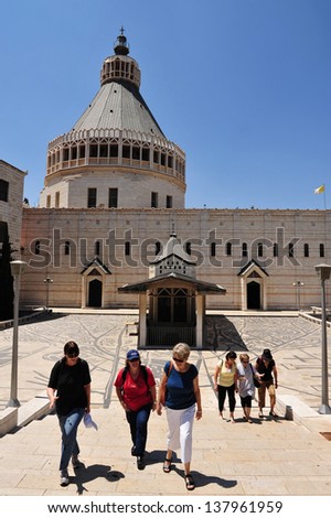 NAZARETH, ISRAEL - JUNE 15:Visitors at the Basilica of the Annunciation on June 15 2009.It's built over a cave that from the 4th century was a pilgrimage site associated with the Annunciation.