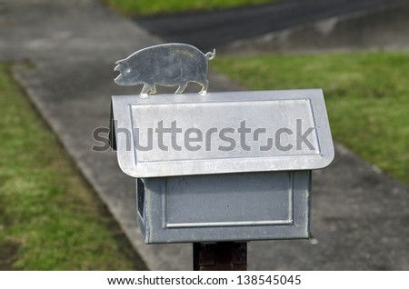 Silver pig on a mail box.