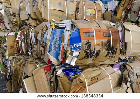 TAIPA, NZ - MAY 03:Stack of old cardboard's in Taipa recycling station on May 03 2013.Recycling has been a common practice for most of human history, with recorded advocates as far back as 400 BC