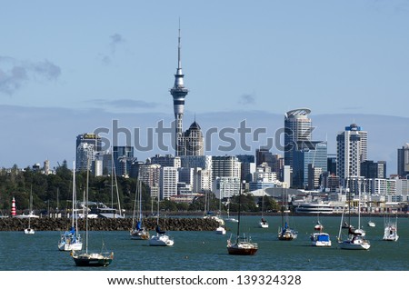 Auckland - Apr 26:Auckland Skyline From Hobson Bay On April 26 2013.It\'S Nz\'S Largest City With Almost 400,000 People Living Within The City\'S Boundary And 1.18 Million In The Greater Auckland Area