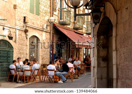 Jerusalem - Aug 17:Young Israeli People In A Cafe In Nahalat Shiva On Oct 17 2007.Jerusalem Has Been The Holiest City In Jewish Tradition Since King David Of Israel First Established In 1000 Bce.