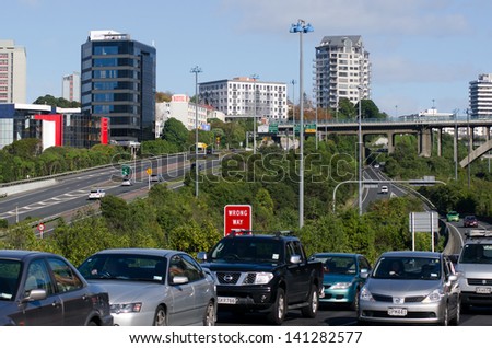 AUCKLAND,NZ - MAY 29:Traffic on Auckland inner city road on May 29 2013.About 40 additional cars registered in Auckland a day (2007) with traffic on the city\'s roads increasing between 1-3% a year.