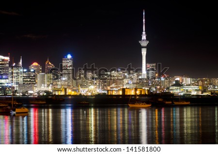 AUCKLAND,NZ - MAY 30:Auckland Skyline at night on May 30 2013.It\'s the largest and most populous urban area in the country. It has 1,397,300 residents, which is 32 percent of the country\'s population.