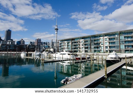 AUCKLAND - JUNE 02:Yachts mooring at Auckland Viaduct Harbor Basin on June 02 2013.It\'s a former commercial harbor turned into a development of mostly upscale apartments, office space and restaurants.