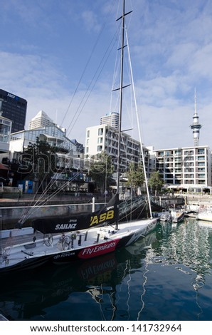 AUCKLAND - JUNE 02:Team NZ sail boat at Auckland Viaduct Harbor Basin on June 02 2013.It\'s the only commercially funded team competing in the San Francisco Americas Cup 2013.