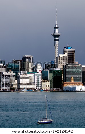 AUCKLAND,NZ - MAY 30:Sail boat against Auckland Skyline on May 30 2013.It\'s the largest and most populous urban area in NZ. It has 1,397,300 residents, which is 32 percent of the country\'s population.