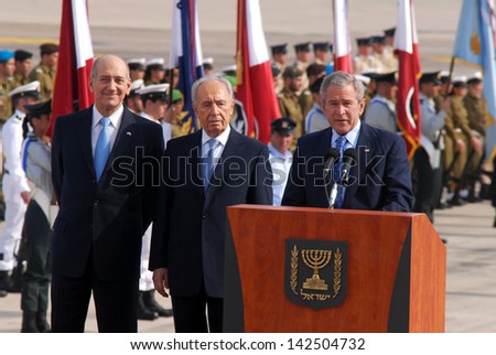 TEL AVIV - JAN 09:U.S. President George W. Bush giving a speech during the welcoming ceremony in Israel on Jan 9 2008.US President George W. Bush visited Israel twice during his two terms.