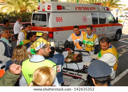 ASHKELON, ISR - FEB 26: Israeli Medical teams practicing a mass casualty scenario on February 26, 2008.Since 2001 Palestinian rocket attacks on Israel have killed 64 Israelis as of November 21, 2012.