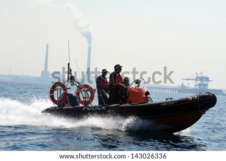 ASHKELON, ISR - SEP 03:Israeli water police on Sep 08 2008.It\'s responsible for enforcing laws relating to water traffic, preventing crime on vessels and providing search and rescue services.