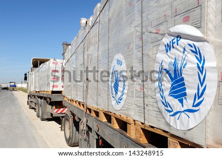 KEREM SHALOM, ISR - FEB 04:WFP food trucks in Kerem Shalom border crossing on Feb 04 2009.United Nations World Food Programme is the world\'s largest humanitarian agency fighting hunger.