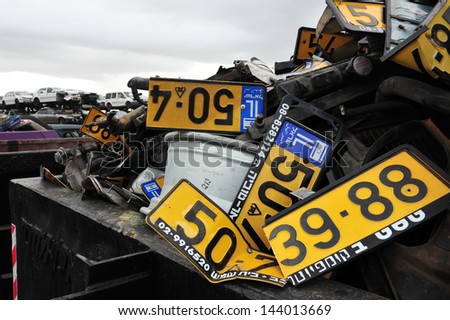 ASHDOD, ISR - JAN 04:Old vehicle registration plates during Scrappage program on Jan 04 2010.It\'s an government budget program to remove inefficient, high emissions vehicles from the road for safety.