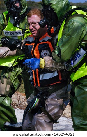 ASHKELON,ISR - JAN 22:Israeli special forces exercise chemical and biological warfare on Jan 22 2006.Since 1960 Israel has been under constant threat from Arab states mass destruction weapons.