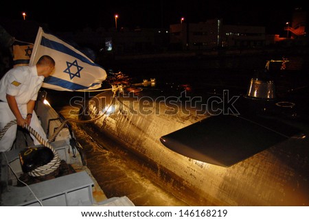 HAIFA, ISR - DEC 16 2007: Israeli submarine in Haifa port on Dec16 2007. The Israeli submarine flotilla is elite and voluntary serving as the attacking underwater force of the Israel Navy.