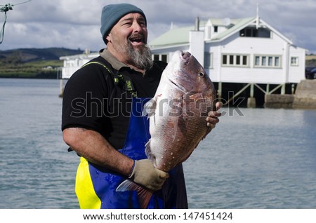 MANGONUI, NZ - JULY 25: Fisherman holds very large Snapper on July 25 2013.NZ exclusive economic zone covers 4.1 million km2,It\'s the 6th largest zone in the world and 14 times the size of NZ.
