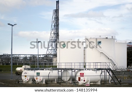 WHANGAREI,NZ - JULY 28:Oil tanks in Marsden Point Oil Refinery on July 28 2013.It\'s produces 70% of NZ refined oil needs, with the rest being imported from Singapore, Australia and South Korea