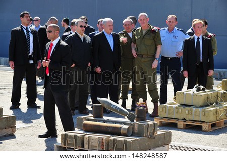 ASHDOD, ISR - MAR 16:Israel\'s Prime Minister Benjamin Netanyahu inspects the weaponry found aboard the Victoria on Mar 16 2011.It was destined for Palestinian militant organizations in the Gaza Strip.
